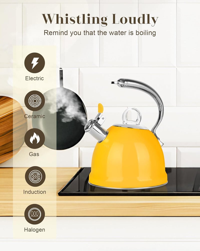 harriet Tea Kettle Stovetop, 2.5 QT Whistling Stainless Steel Teapot, 3-Layer Base, Unique Ergonomic Handle, Includes Pot Holder & Mat, Electric/Induction/Gas Stovetops Applicable, Yellow - Image 5